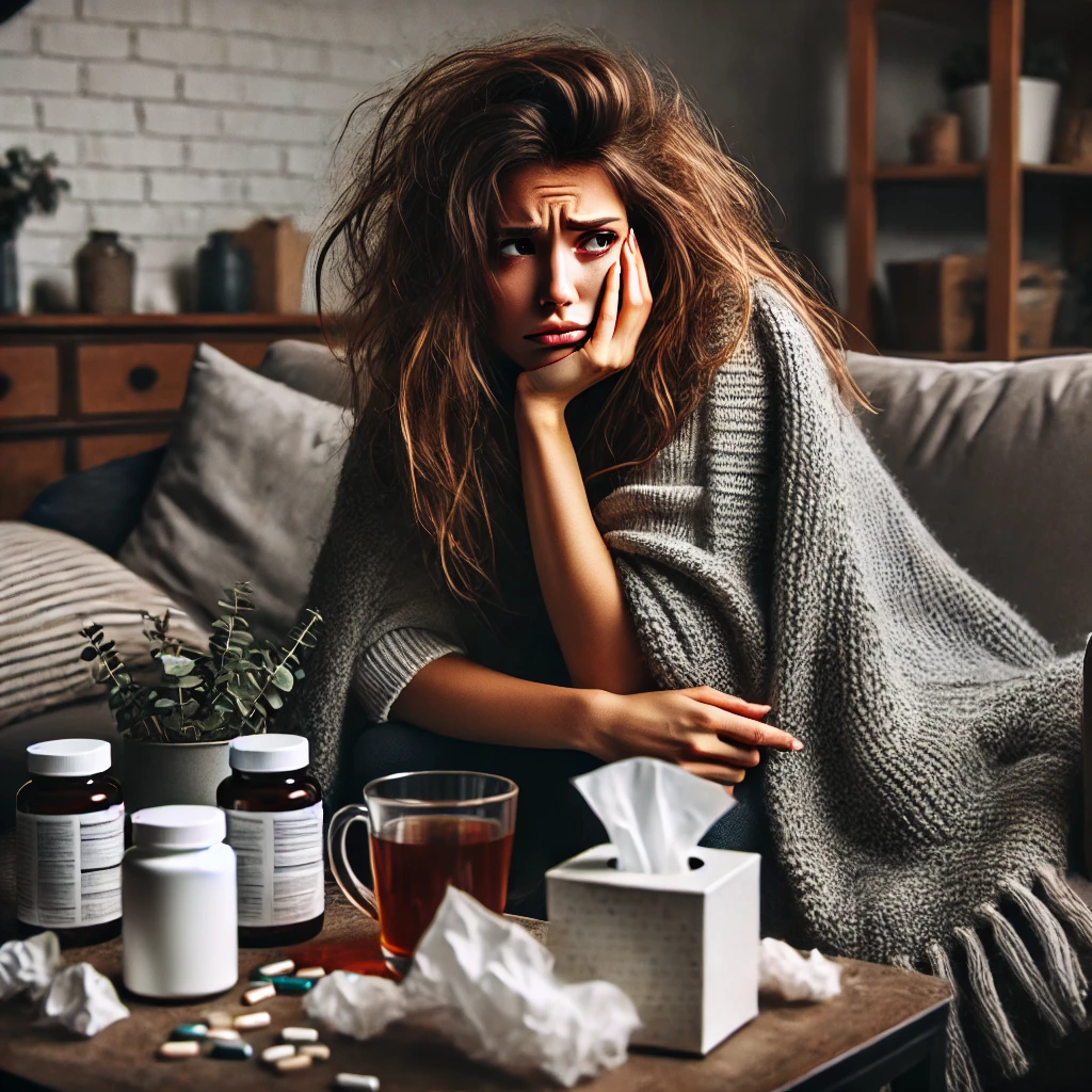 Worried woman wrapped in a gray blanket beside medicine bottles, tea, tissues, and pills.