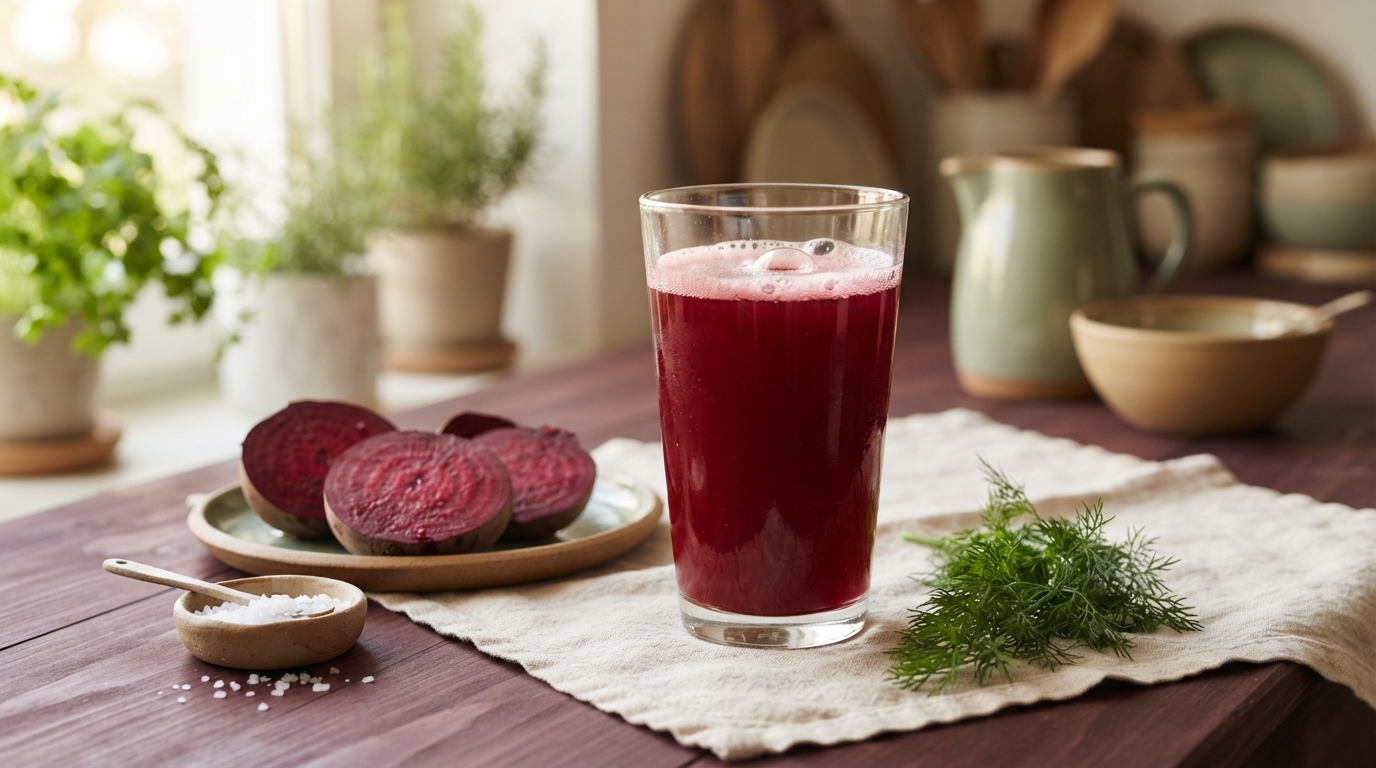 Glass of ruby-red drink beside sliced beets, salt, herbs, ceramic vessels, and potted plants.