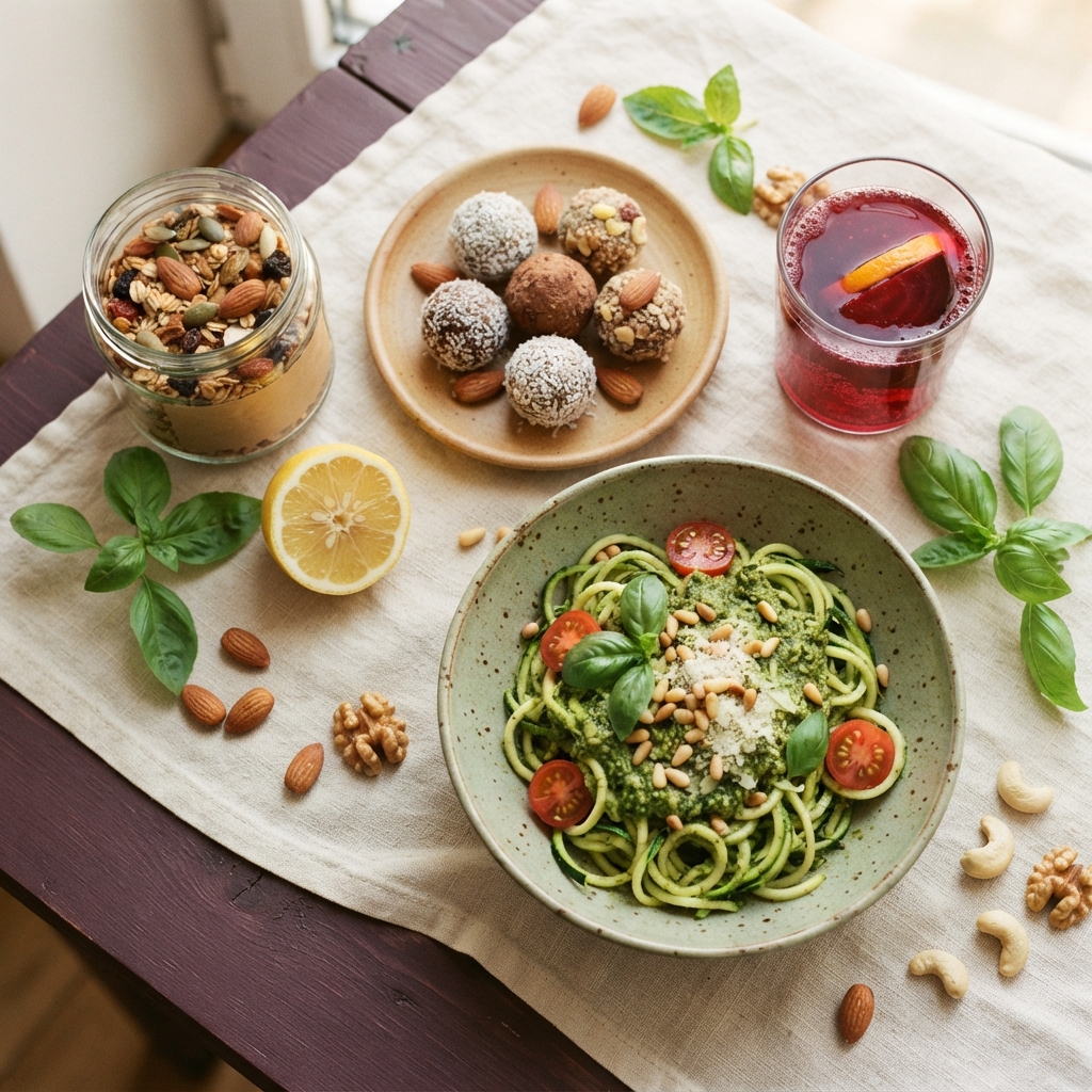 Overhead spread with pesto zucchini noodles, energy bites, granola yogurt, a red drink, lemon, basil, and scattered nuts.