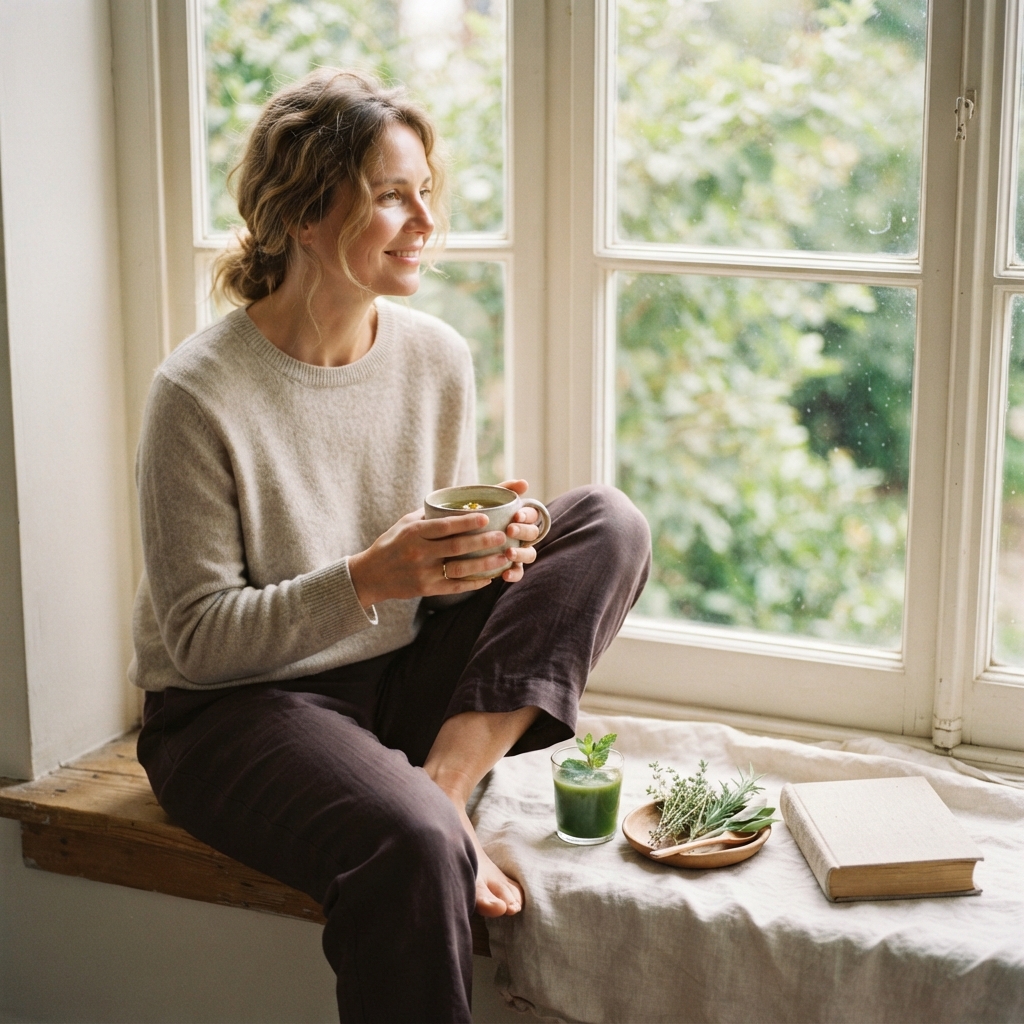Woman in a beige sweater drinks tea beside sunlit windows, with a green drink, herbs, and a book on the sill.
