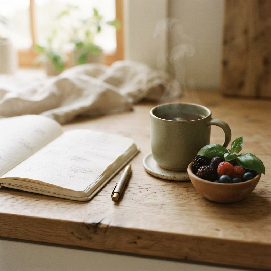 Steaming green mug, open notebook, pen, and bowl of berries on a warmly lit wooden table.