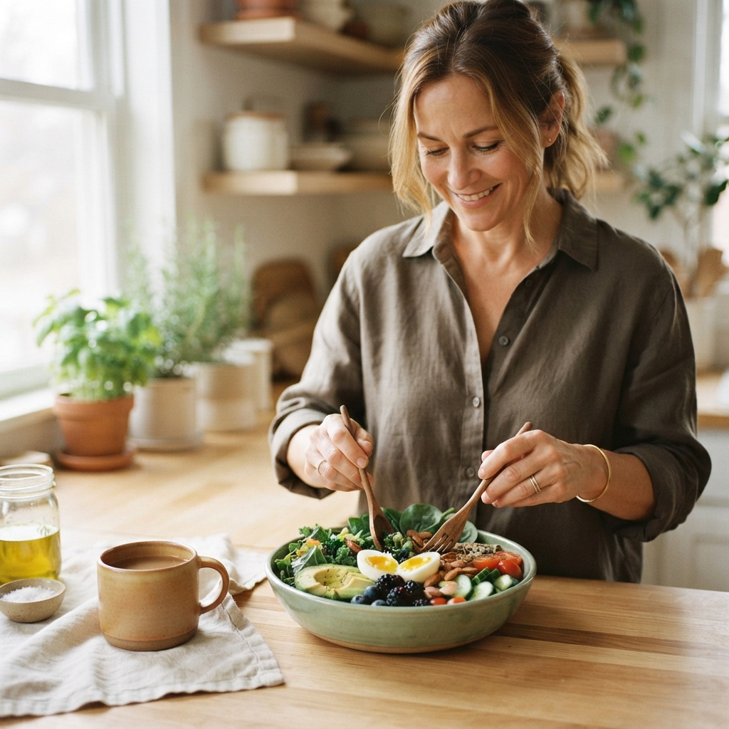 Woman mixing a colorful salad in a kitchen beside a mug, oil jar, salt bowl, and plants.
