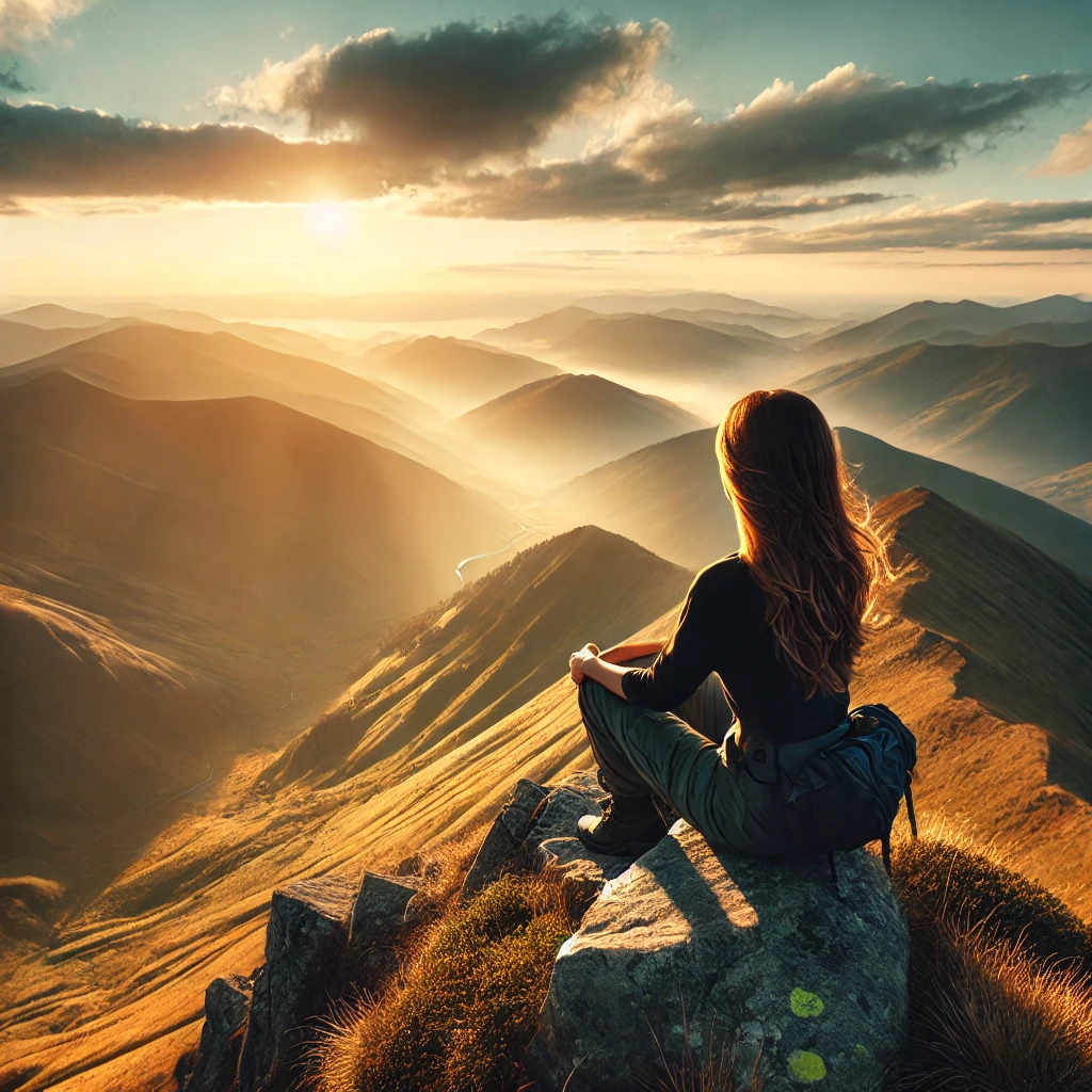 Hiker sitting on a rocky peak overlooking sunlit, misty mountain ranges at sunset.