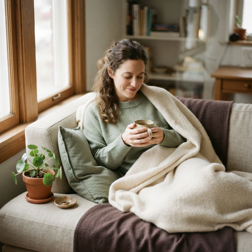 Woman in a green sweater holding a cup on a sofa under a cream blanket beside a window.